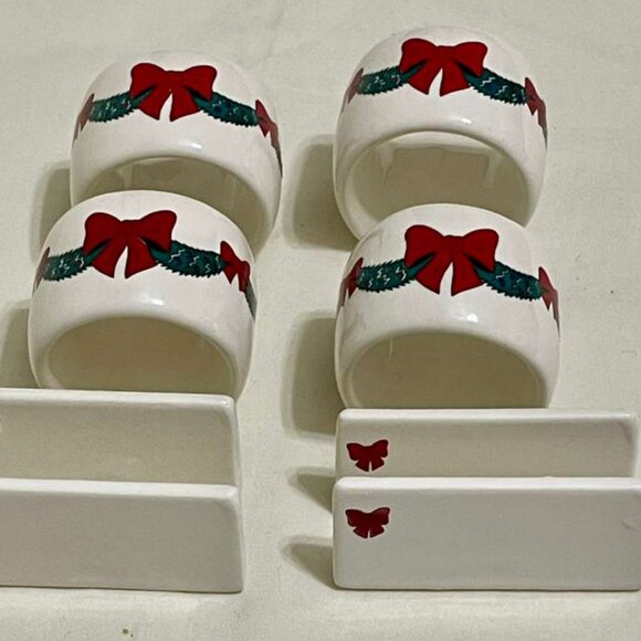 Vintage 1980s Hostess “Christmas Bows & Boughs” Ceramic Napkin Ring & Place Card - Picture 5 of 9